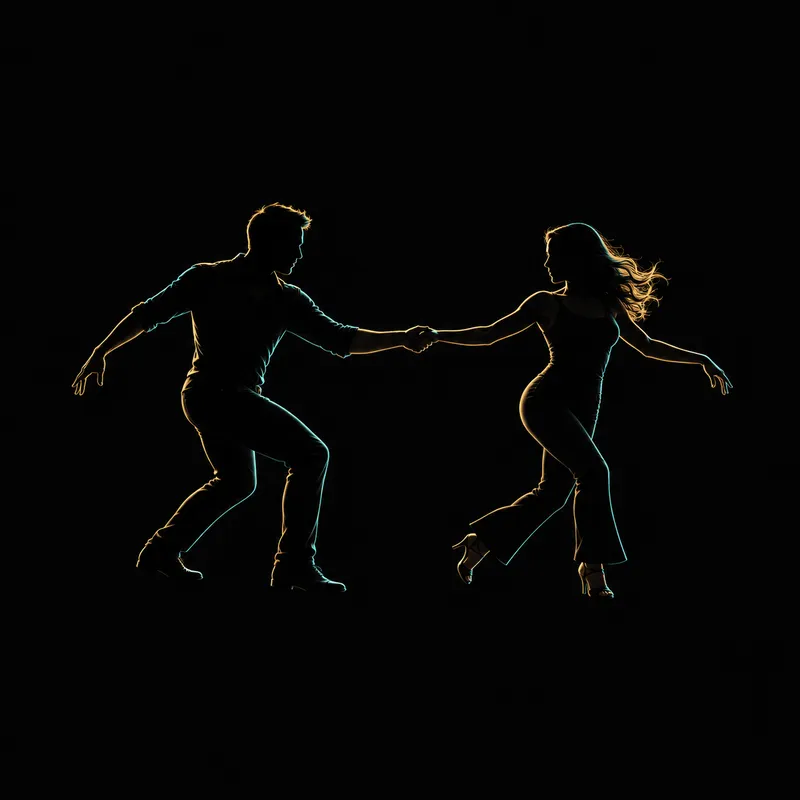 Silhouette of two dancers connected hand-to-hand mid-pattern, West Coast Swing style