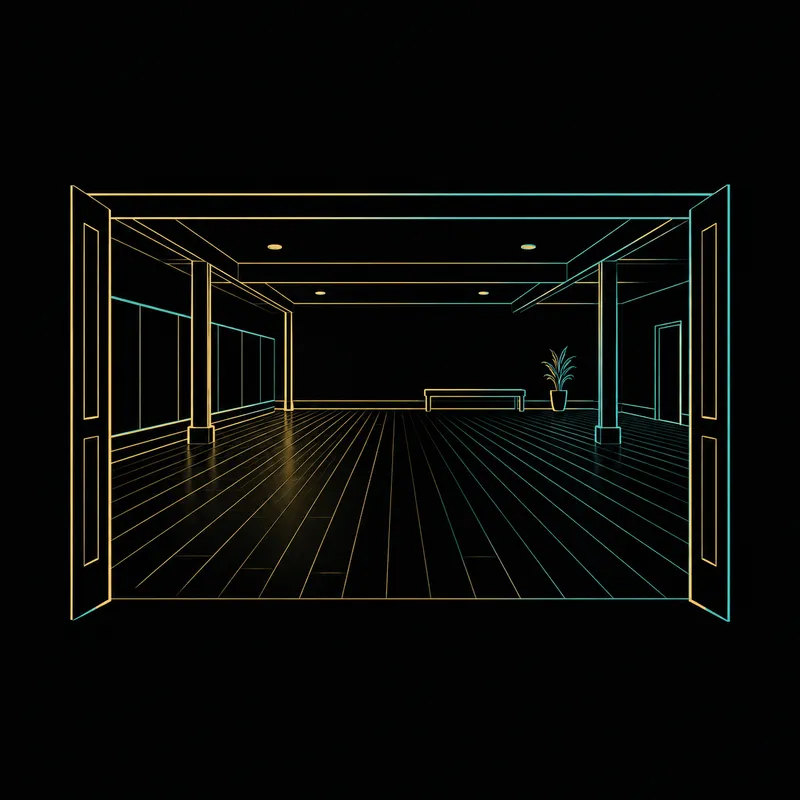 Line-art rendering of the studio's open event floor, viewed through its entry doors